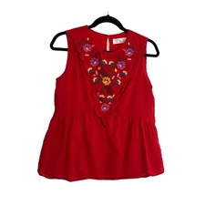 Time and Tru Red Floral Embroidered Swiss Dot Sleeveless Keyhole Top Womens Sz S