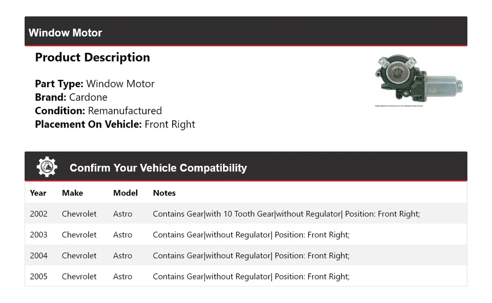For 2002-2005 Chevrolet Astro Window Motor Front Right Cardone 2003 2004 - Image 2 of 4