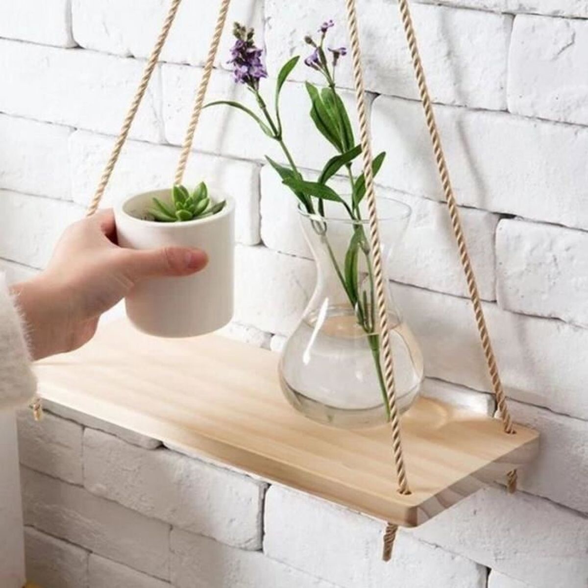 Étagère suspendue en bois naturel avec corde de jute étagère murale beige 40cm