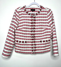 Talbots Blazer Womens 12 Petite Red Striped Blounce Tweed Zip Up Fringe