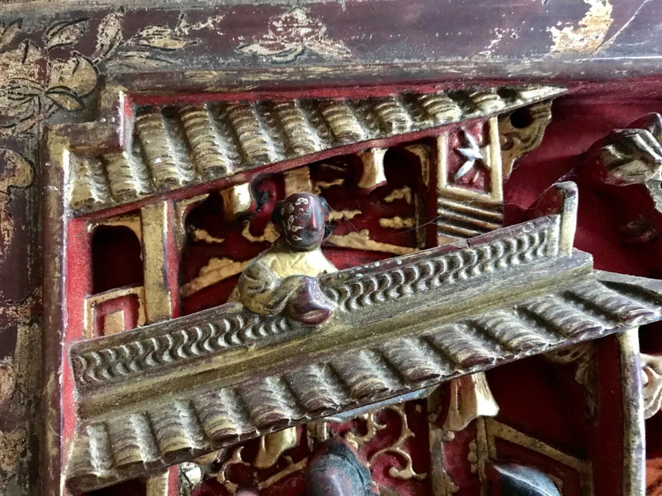 Antique Chinese Carved Red Gilt Painted Wood Panel 15 1/8" X 9 1/2" - Image 2 of 4