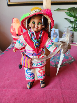 Vintage Huichol Mexican Folk Art Native Boy Doll Traditional Costume 70s  - Main Image