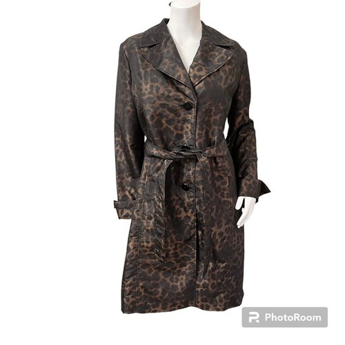 Ellen Tracy Damen-Trenchcoat schwarz-bronzefarben Leopardenmuster Größe Large