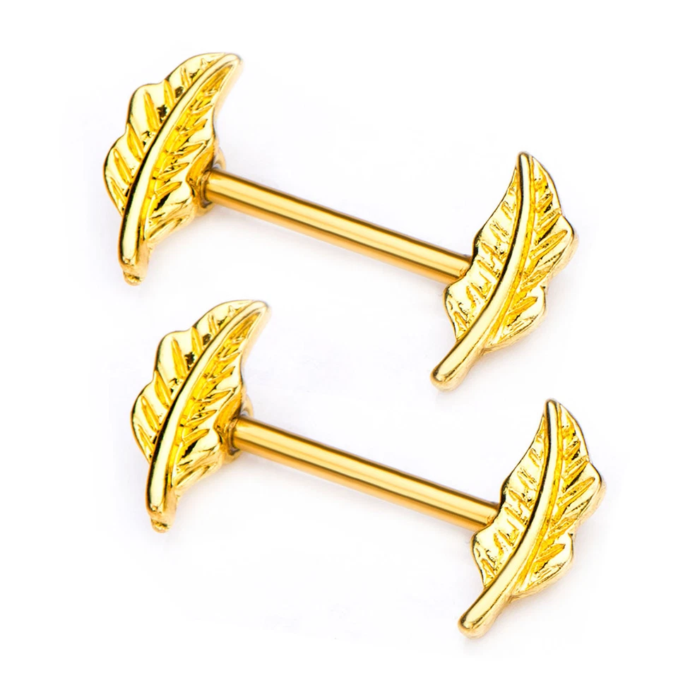 一对乳头杠铃,正面羽毛镀金 PVD。 — 第 2/2 张图片