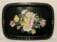 Vintage Toleware Black Metal Tray W/ Roses Gold Scrolls Nashco? 21.5" X 16" 