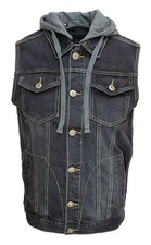 MEN'S HOODED DENIM BIKER VEST JACKET BLACK WASHED DENIM W/DETACHABLE HOODIE.