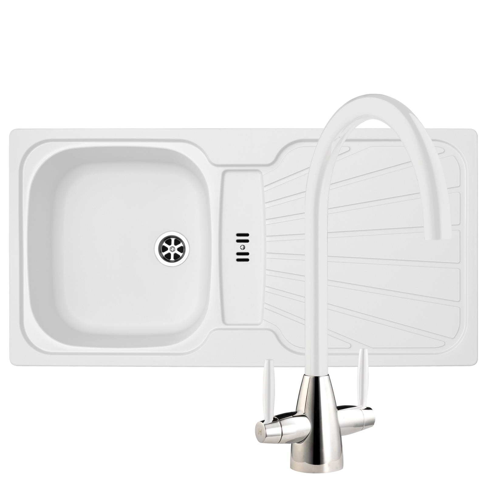 Liquida CMP5WH 1.0 Bowl White Kitchen Sink With LC02WH White Mixer Tap