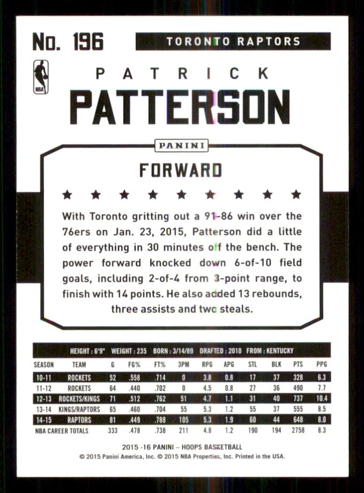 2015-16 Hoops Green #196 Patrick Patterson - Image 2 of 2