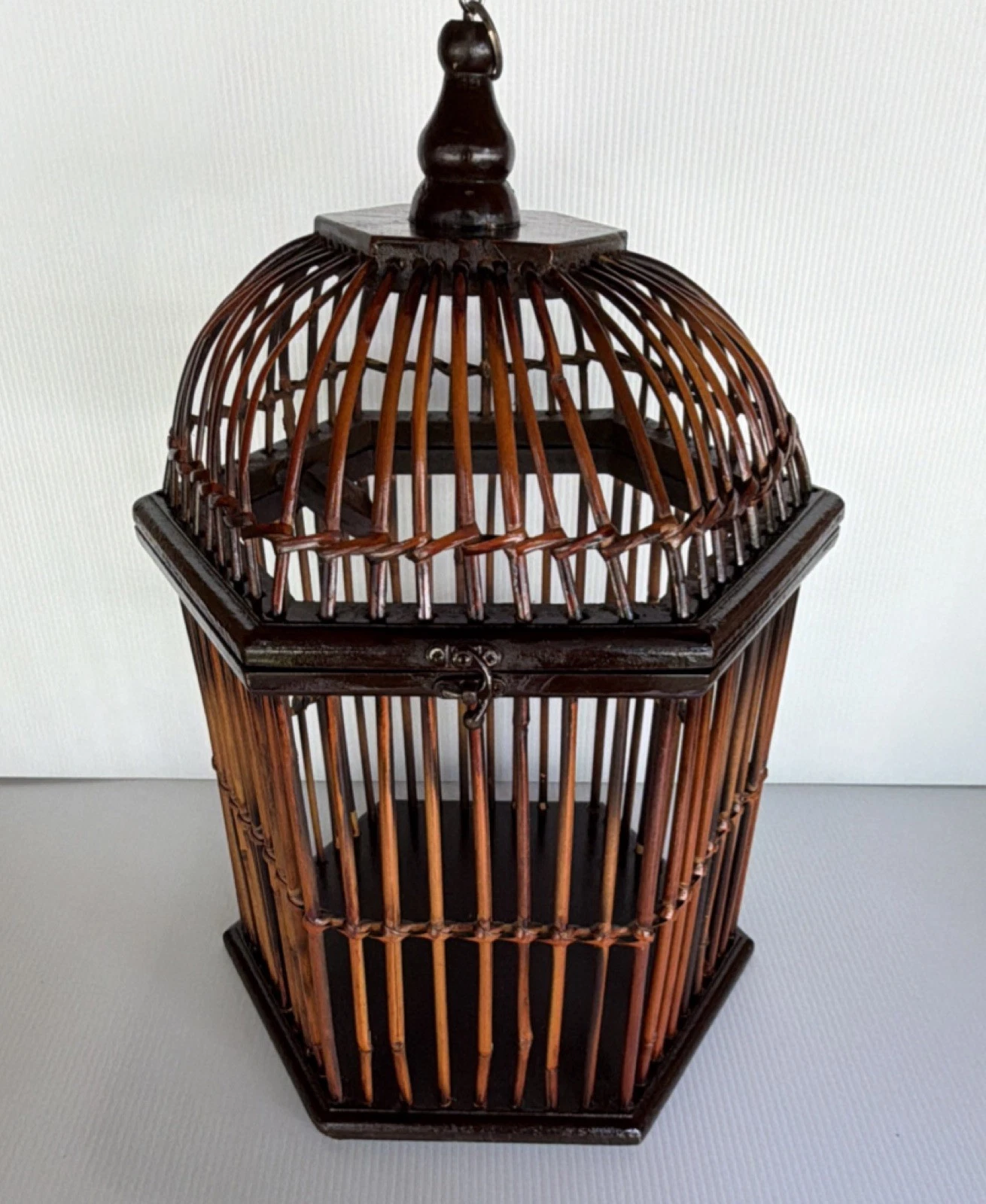 Vintage Handmade Hexagonal Bamboo Bird Cage Brown Decorative 17" Tall 12”