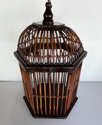 Vintage Handmade Hexagonal Bamboo Bird Cage Brown Decorative 17'' Tall 12 