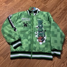 Kids Minecraft Bomber Jacket TNT Boom Hostile Behavior Green Sz 12 NWT