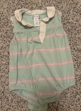 Ralph Lauren Girls 9M Blue Pink Striped Collared Ruffle Sleeve Cotton Romper