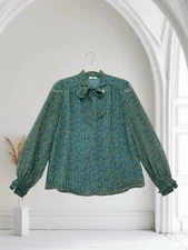 Pleione Floral Long Sleeve Tie Neck Top Women’s Size Small Feminine Holiday Chic