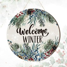 Winter Welcome Sign for Door Wall Decor, Outside Winter Wreath for Berries