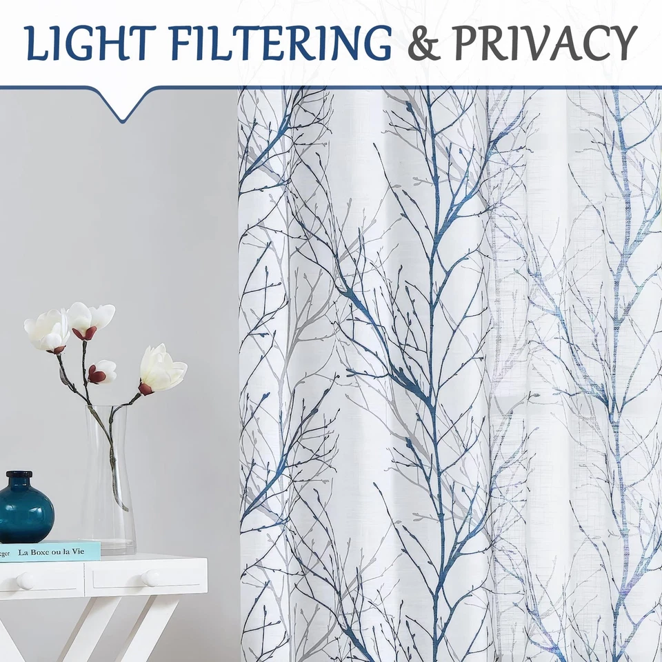 "Paneles de cortina semi transparentes con estampado FMFUNCTEX azul blanco para dormitorio 63"" árbol gris" Foto 3 de 4