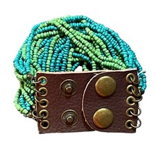 Unbranded Leather Bead Bracelet Multi-Strand Green Blue Snap Wide Stackable