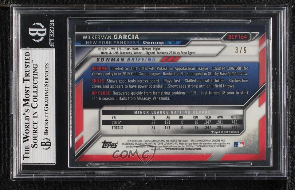 2016 Bowman Chrome Prospects Red Refractor /5 Wilkerman Garcia BGS 9 MINT - Image 2 of 2