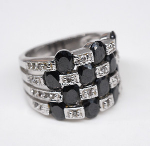 Authentic 18KGE Gold Plated Black Glass Multi Row Band Ring Size 6