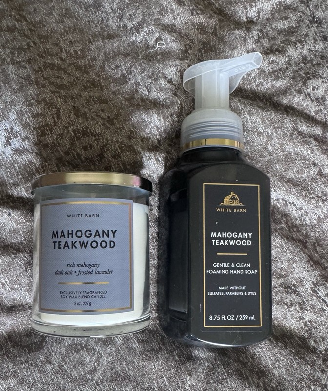Lot 2 NWT New Luxury White Barn Mahogany And Teak Foaming Hand Soap And Candle