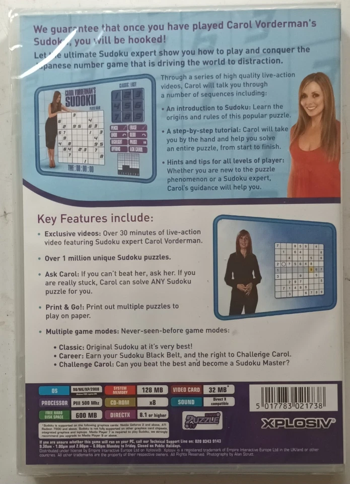 CAROL VORDERMAN'S SUDOKU PC CD-ROM PUZZLE GAME UK ORIGINAL brand new & sealed - Image 2 of 2