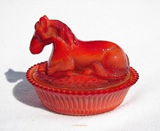 Horse on Nest 5” Covered Dish, Resting Pony Red-Orange Opaque Geraldines Delight
