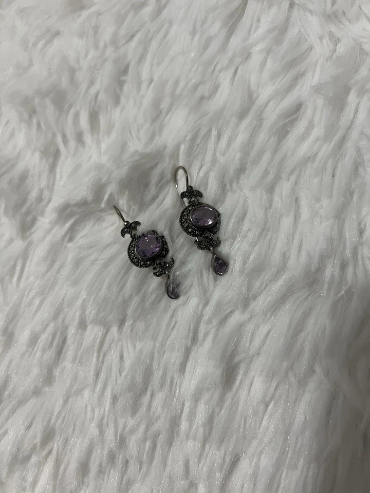 Vintage Purple Amethyst Gemstone 925 Sterling Silver Dangling Earrings Gothic - Image 2 of 4