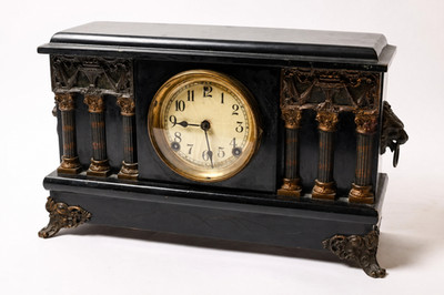 Antique Sessions Mantel Clock Working Serviced Bell Strike w/ Key Lion Handles 