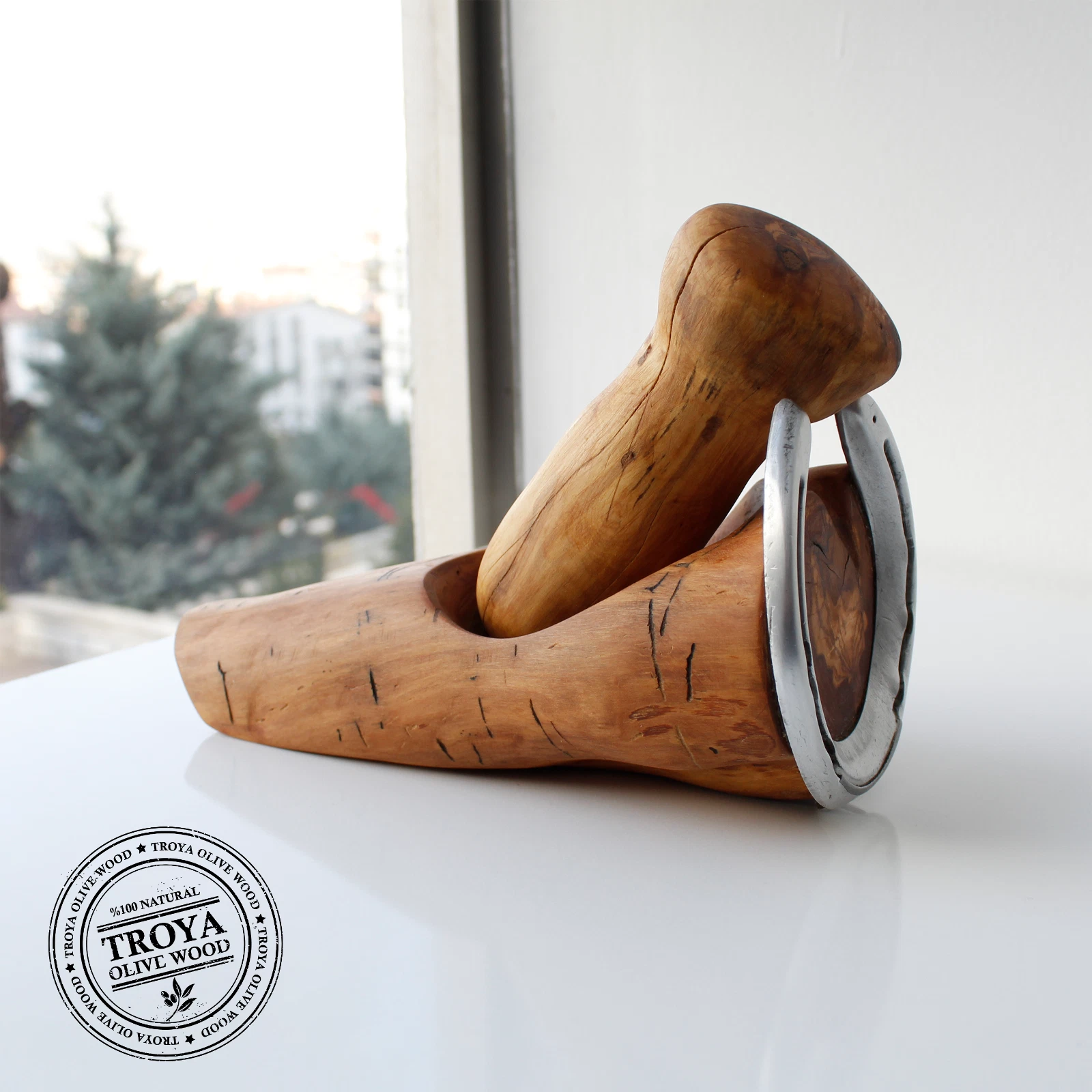 Olive Wood Mortar & Pestle With Horseshoe Rustic Kitchen Decor Housewarming Gift