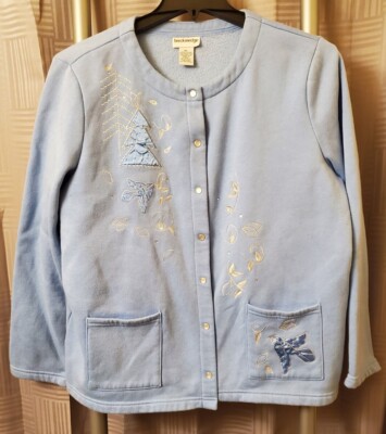 Breckenridge Lt Blue XL Long Sleeve Crew Neck Full Snap Embroidered Cardigan