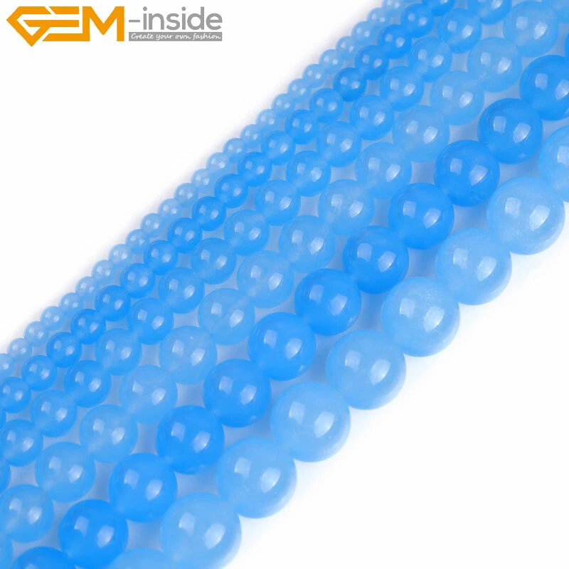 Cuentas espaciadoras sueltas de piedras preciosas redondas de jade azul claro para hacer joyas de 15" Foto 3 de 4