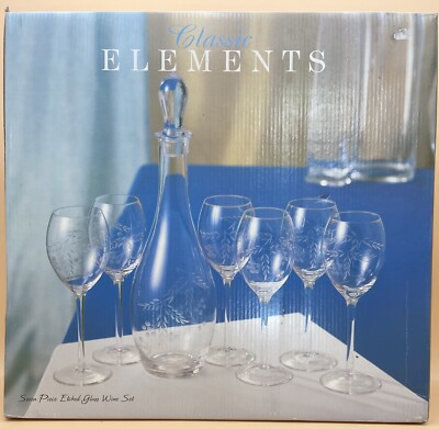 CLASSIC ELEMENTS 7 PIECE WINE SET ETCHED GLASS WINE SET - NEW OPEN BOX