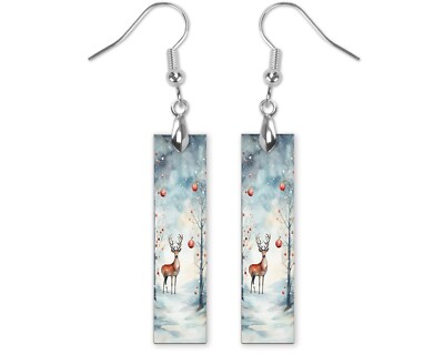 Earrings, Christmas Deer Wood Bar Printed Earrings Jewelry