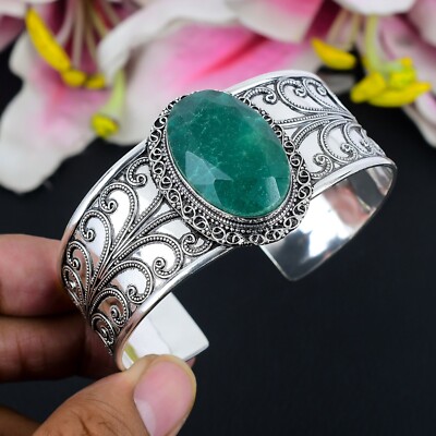 Lab Created Emerald Gemstone Handmade 925 Sterling Silver Bangle Adjustable Cuff