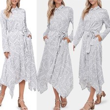 En Saison Scarf-Print Button-Front Midi Dress Small Satiny Long Sleeves Belted