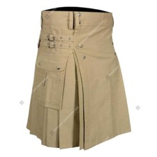 Handmade Cargo Pockets Khaki Utility Kilt for Men - Heavy Cotton Construction