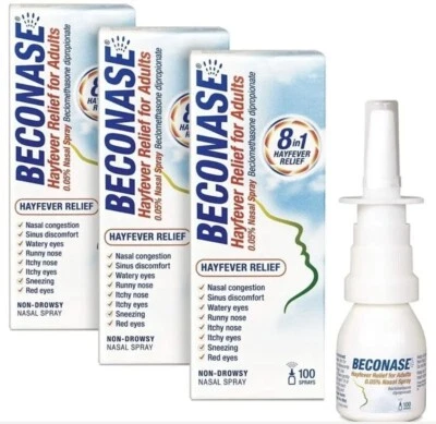 3 x Beconase Hayfever Relief Nasal Spray 8-in-1 Effective Relief for Allergy