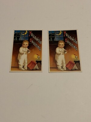 2 Vintage Postcard Halloween Greetings Little Boy With Black Cat