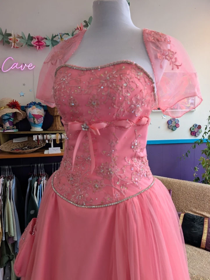 Bubblegum Pink Tulle Quincenera Corset Back Party Ballgown Prom Dress - Image 3 of 4