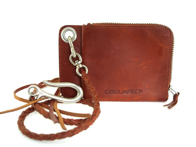 DSQUARED2 Men's Brown Leather Wallet Biker Chain Braided Lanyard Zip Made Italy