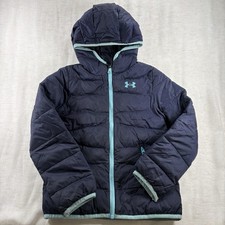 Under Armour ColdGear Hooded Puffer Jacket Navy Light Blue Boys YSM Insulated