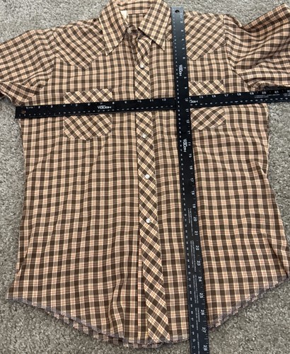 Vintage 60s-70s Brown Tan Red Plaid Pearl Snap Unbranded Button Up Shirt Medium - Picture 6 of 6