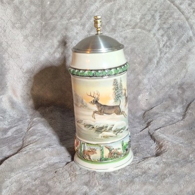 Vintage Deer Hunting German Beer Stein Mug White Milk Glass Pewter Lid 