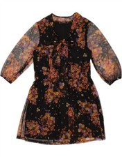 VINTAGE Womens 3/4 Sleeve A-Line Dress UK 12 Medium Black Floral Polyester CL37