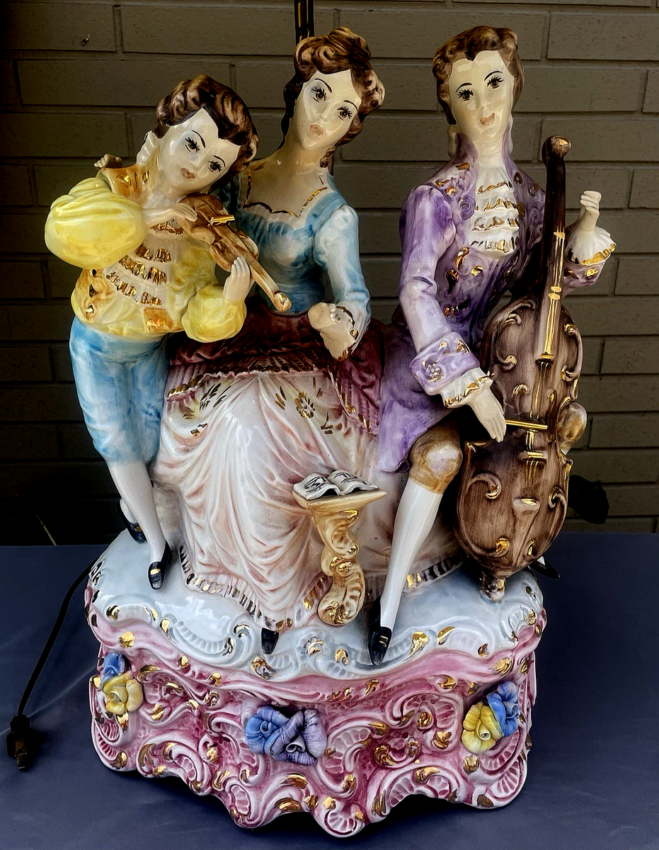 Vintage Porcelain Azzolin Brothers 3 Figure Silk Shade Capodimonte