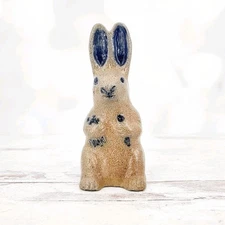 Vintage 1993 Rowe Pottery Works Blue Salt Glaze Rabbit Figurine 4.75"