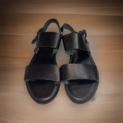 By Crosby Square Leather Black Double Strap Sandals Mens 12 Brass Buckle Closure