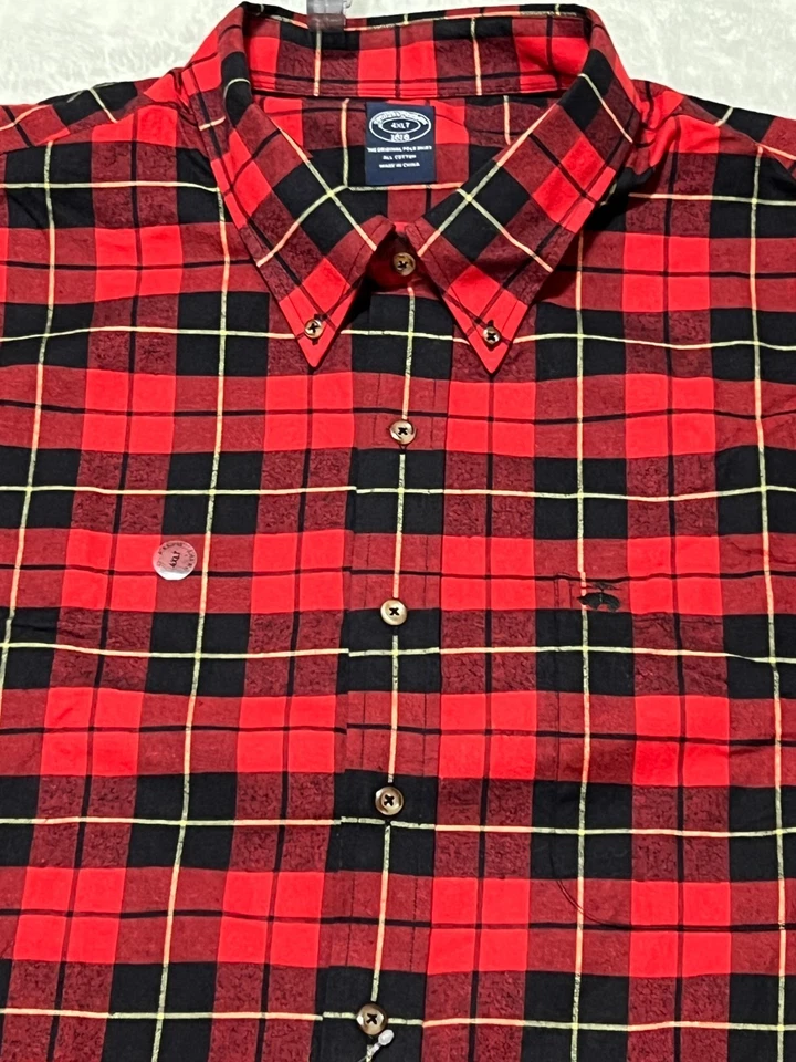 Camisa Brooks Brothers Para Hombres 4XLT Roja Negra A Cuadros Abotonada Algodón Calce Clásico Foto 3 de 4