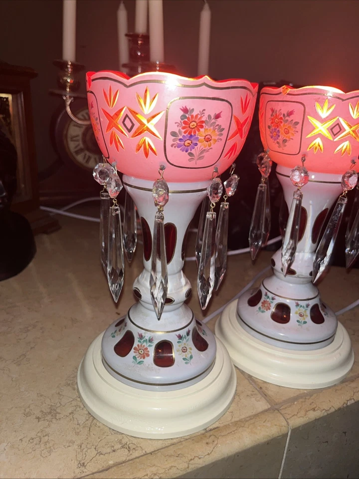 Victorian Era Pair of Czech/ Crystal, Bohemian Mantle Luster Lamps White & Red - Image 4 of 4