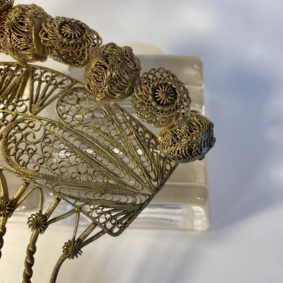 Vintage Spanish Comb Gilded Filigree Large Hair Comb W/ Openwork Balls Design - Image 3 of 4