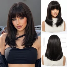 Fashion Black Bob Layered Wigs with Bangs Shoulder Length for Women Daily Party
